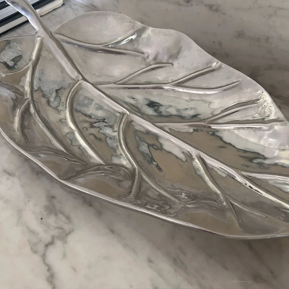 Large Pewter Leaf-Shaped Footed Decorative Tray Platter Approximately 24” x 13”